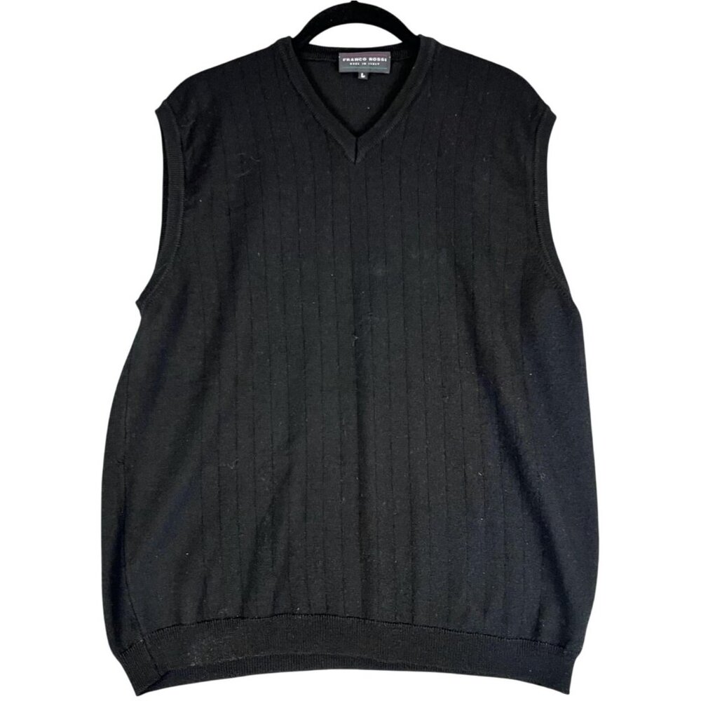 Franco Rossi Mens Large Sweater V Neck Vest Black Merino Wool Blend Italy
